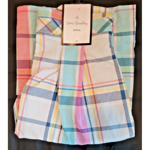 Vera Bradley Pastel Plaid Full Apron 100% Cotton Coral Stripe 32 Inch Length NWT - Picture 3 of 4
